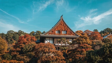 Autumn leaves around a white triangular house