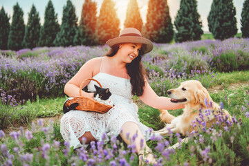woman with golden retriever and cat on a lavender field