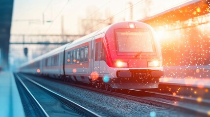 Naklejka premium Modern train approaching a station during sunset with vibrant lighting effects