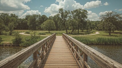 Historic style wooden bridge extending across river with nearby walking paths