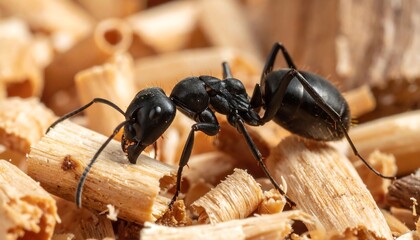 Macro Black Ant on Wood Shavings - Macro photography