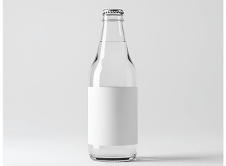 Clear glass bottle filled with clear liquid and a blank white label