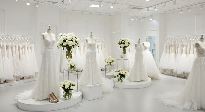 白く輝くウェディングドレス 美しい光に包まれて 上品なブティック店内. AI Generated - Powered by Adobe