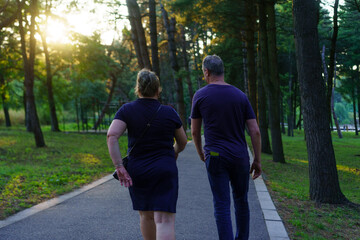 Obraz premium Couple enjoys a peaceful evening stroll in a park during sunset surrounded by trees