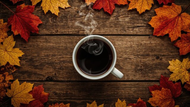 Steaming mug of mulled wine surrounded by colorful fall foliage on rustic wooden surface. Cozy seasonal still life from above with greeting 'hello autumn'.