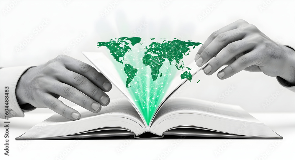 Aufkleber unveiling global connections: hands open book to reveal a networked world map of knowledge.