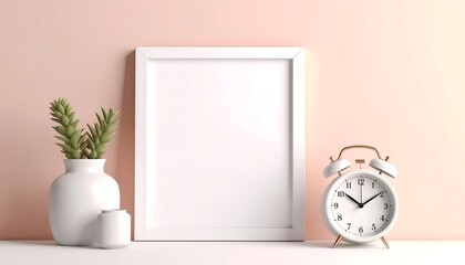 Empty white frame, succulents, clock