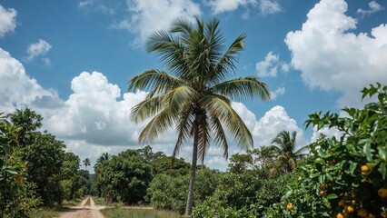 Fototapeta premium Young Cocos nucifera Eburnea coconut tree standing with leafy branches under blue sky