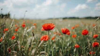 Naklejka premium Delicate red poppies standing alone in soft light