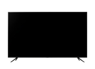 Modern black flat screen television with stand isolated on transparent background