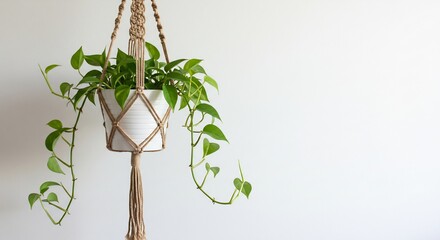 明るい室内 麻紐プランター 緑豊かに垂れる観葉植物 穏やか光. AI Generated