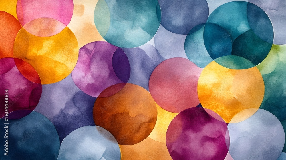 Poster colorful watercolor circles overlapping creating abstract pattern