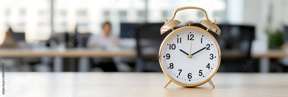 Poster close-up of an alarm clock on a desk in an office setting, symbolizing punctuality and deadlines. ti