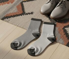 Mockup Of Socks On Wooden Floor With Shoes And Woven Rug Nearby