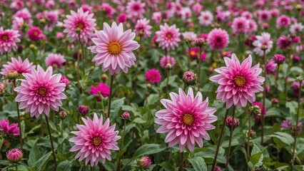 Obraz premium A picturesque fall scene with a green meadow dotted with vivid dahlias