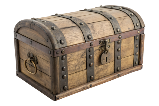 Old wooden treasure box isolated on white or transparent background