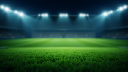 Lush Green Grass on a Sports Field with Stadium Lights at Night