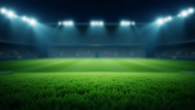 Lush Green Grass on a Sports Field with Stadium Lights at Night