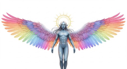 Obraz premium Regenbogenfl�gel strahlender Engel sanft leuchtend. AI Generated