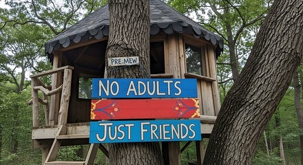A whimsical treehouse with a sign that reads no adults just friends in a lush green forest setting