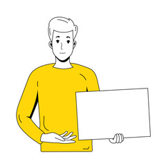 A smiling man holding blank sign isolated on white background. Black outline with flat colors. Vector stock
