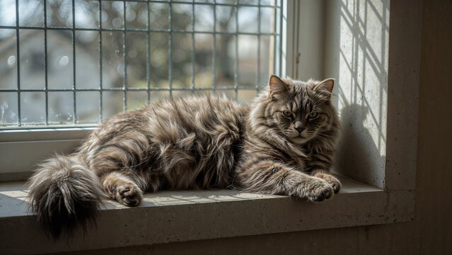 In a pet shelter, a cozy grey cat lies on a windowsill, soaking in warm sunlight with a peaceful expression, waiting patiently to be adopted. - Powered by Adobe