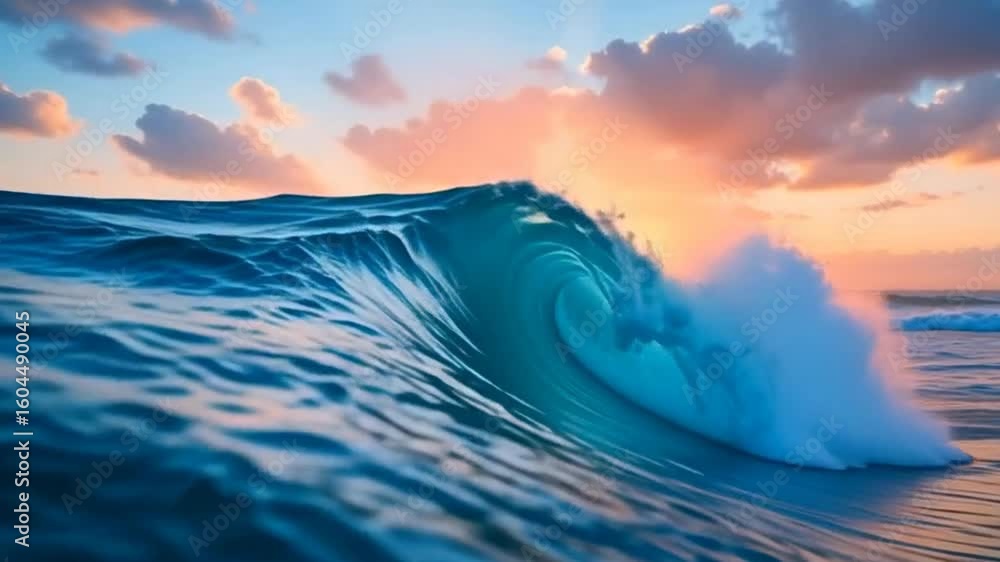 Poster a vibrant ocean wave curls majestically against a backdrop of a colorful sunset with soft clouds.