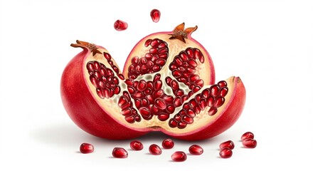 輝くザクロの実 鮮やか赤色 瑞々しい粒々 白背景. AI Generated