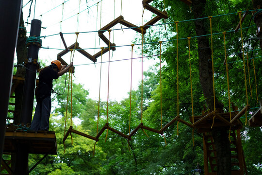 Climber navigates challenging ropes course in treetop adventure park during summer day