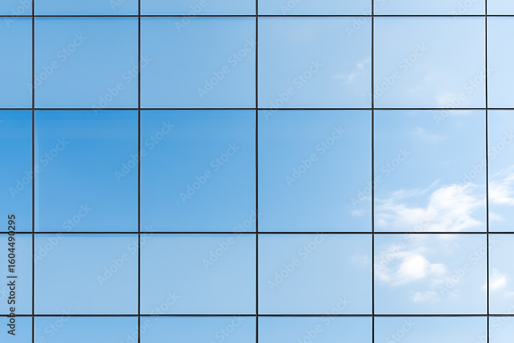 Poster modern architecture reflecting a clear blue sky, capturing the serene urban landscape. geometric win