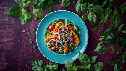 Aerial perspective of a fresh vegan salad with assorted vegetables including peppers, tomatoes, onions, and broccoli on a blue platter