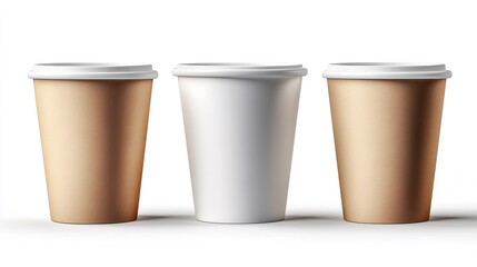Three disposable coffee cups standing on white background