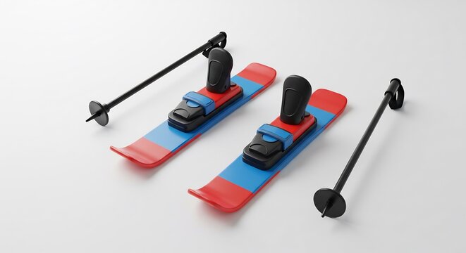 Ski enfant rouge bleu lumineux batons neige hiver. AI Generated