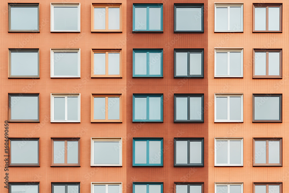 Poster facade of a building with rows of windows and varying shades of building material and window frame c