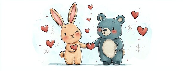Japanese Kawaii, Pastel Colors, Playful, Cute Bunny and Bear Characters Holding Hands with Hearts Background