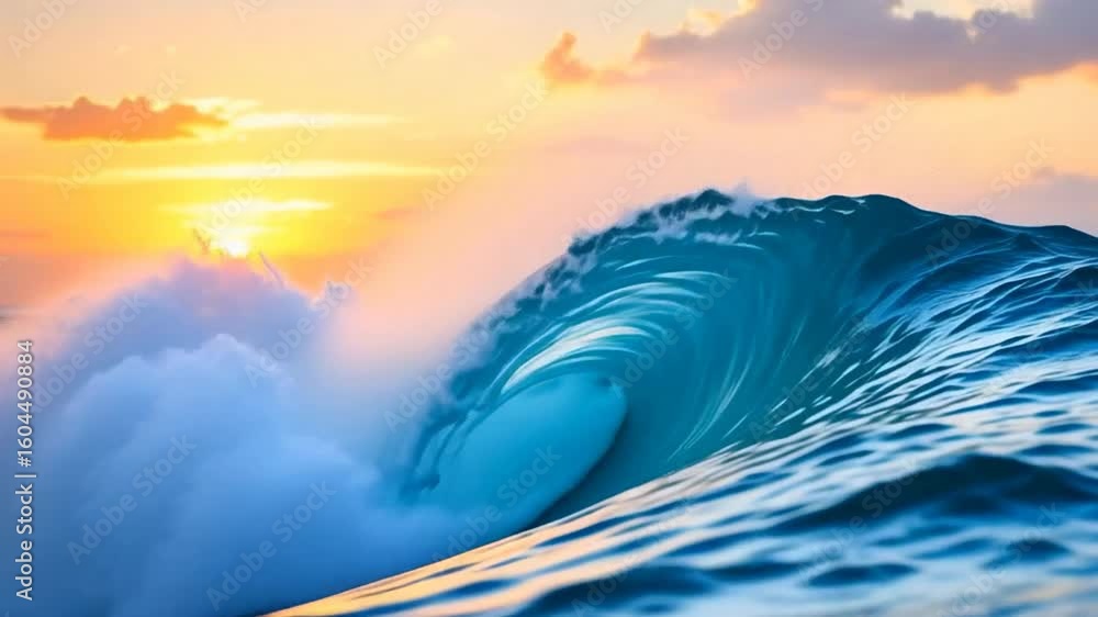 Poster a vibrant ocean wave curls majestically against a backdrop of a colorful sunset with soft clouds.