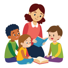 Teacher reading a book to a group of happy children