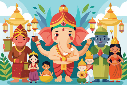 Ganesh Chaturthi Celebration with Children in Traditional Indian Clothing Illustration