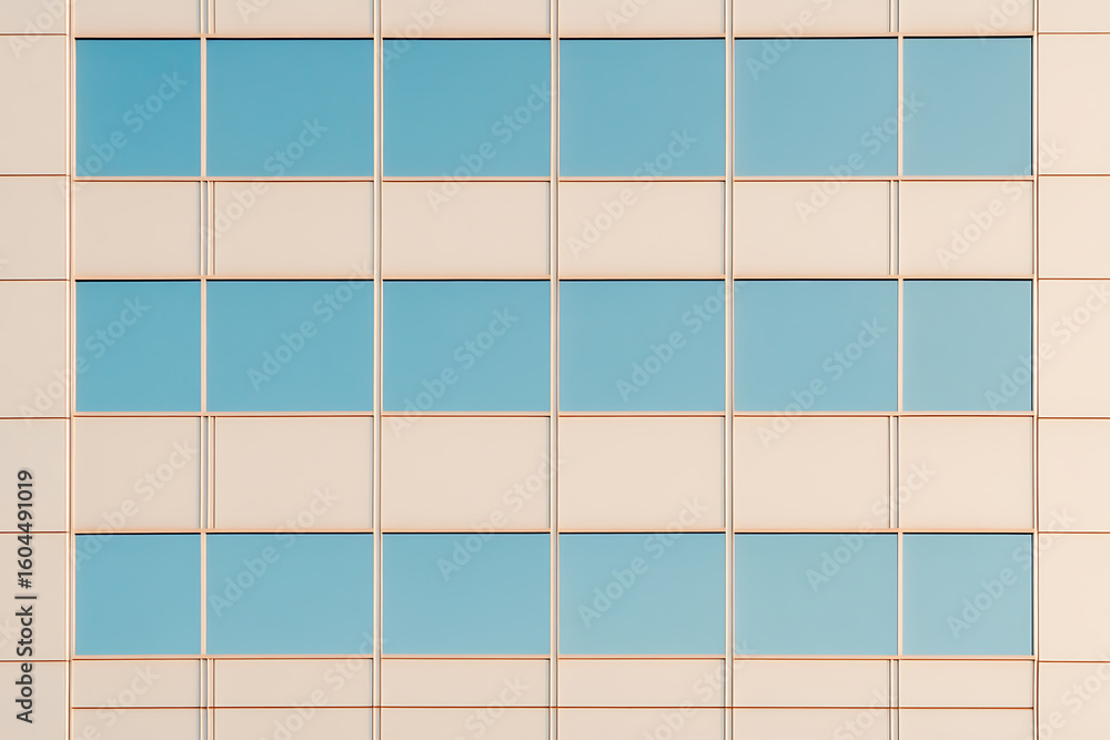 Poster architectural facade with blue glass windows and neutral panels creating a grid pattern, reflecting 