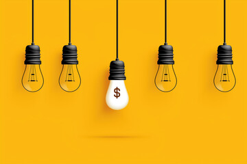 Hanging Light Bulbs on Yellow Background, Central Bulb with Dollar Sign, Financial Idea Concept