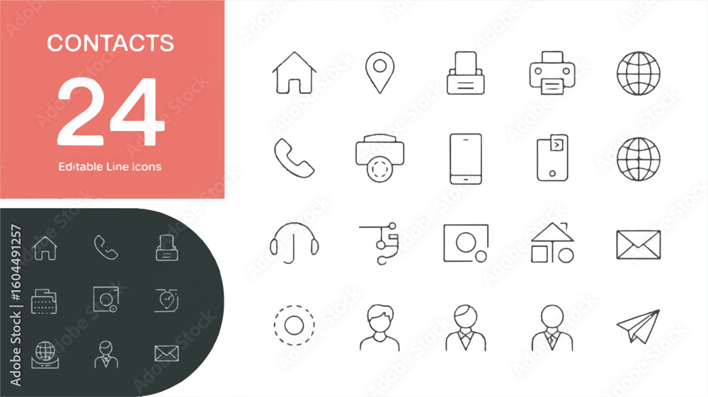 Poster a minimalist contact icon set design with a coral pink and white color scheme. the image is divided 