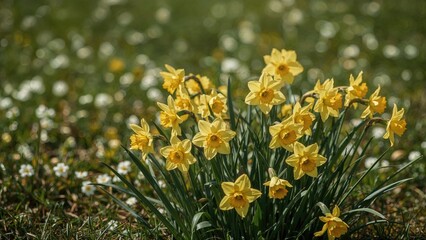 Obraz premium Golden Narcissus flowers blossoming beautifully in a garden during spring.