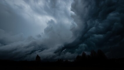 Ominous dark storm clouds gathering over silhouetted trees dark sky dramatic clouds