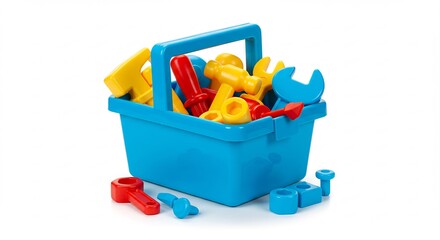 Blaue Werkzeugkiste Spielzeug Hammer Schrauben leuchtend. AI Generated
