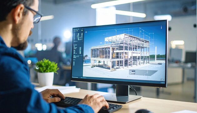 Focused Architect Using Computer For 3D Building Design - Powered by Adobe