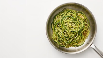 Saut&Atilde;&copy;ed vegetable ribbons in a frying pan on a blank background. Vegan food. Top-down image with room for caption.