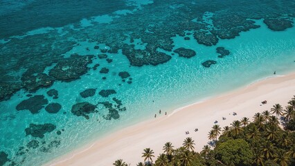 Obraz premium Stunning bird's-eye view of a pristine white sand shoreline with crystal-clear turquoise waters, vibrant coral reefs, and lush coconut palms. A tropical paradise perfect for a dream vacation.