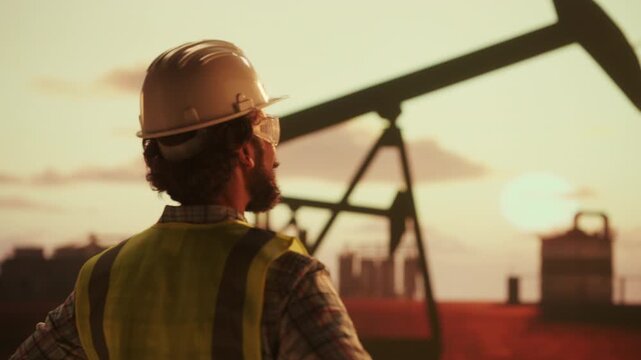 Oil industry engineer inspecting pump jack at sunset