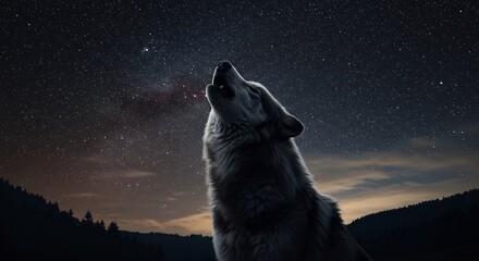Heulender Wolf singt unter funkelnden Sternen Nachthimmel. AI Generated