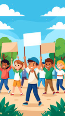 A group of diverse children march together, holding blank signs high in the air, surrounded by trees and a bright blue sky.